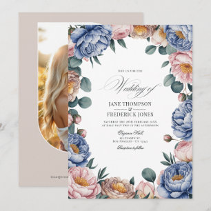 Convite Casamento Floral em Azul Desbotado, Rosa e Taupe Q