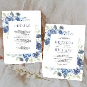 Convite Casamento Floral em Azul Desbotado Rústico Tudo em