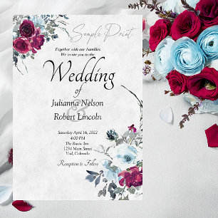 Convite Casamento floral em azul e Borgonha em aquarela