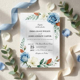 Convite Casamento Floral em Azul Empoeirado e Terracota