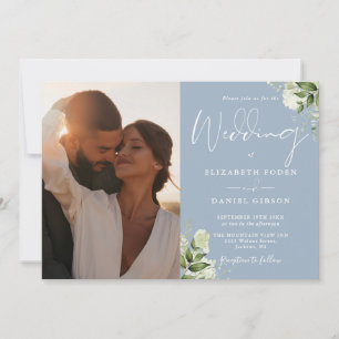 Convite Casamento Floral em Azul Empoeirado Foto Código QR