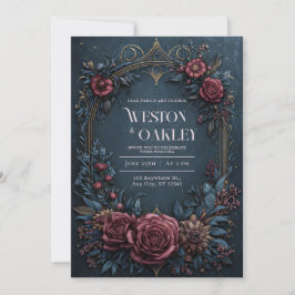 Convite Casamento Floral em Azul Escuro e Borgonha com Dou