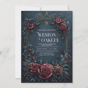 Convite Casamento Floral em Azul Escuro e Borgonha com Dou