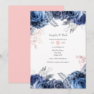 Convite Casamento Floral em Azul Marinho e Rosa com Folha