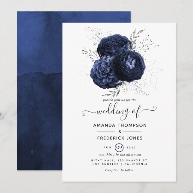 Convite Casamento Floral em Azul Marinho Rústico e Brilho  (Frente/Verso)
