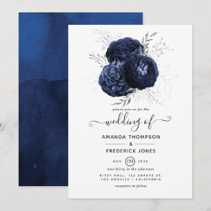 Convite Casamento Floral em Azul Marinho Rústico e Brilho