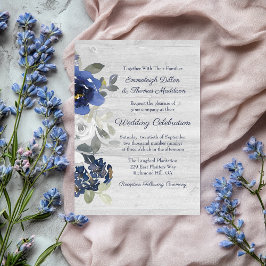 Convite Casamento Floral em Azul Naval Cinza Prata em Aqua