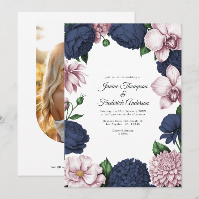 Convite Casamento Floral em Azul Naval e Bege (Frente/Verso)