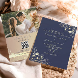 Convite Casamento Floral em Azul Naval Elegante com Código