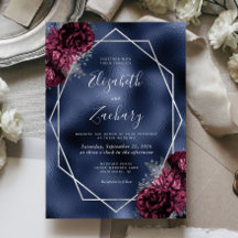 Casamento Floral em Azul Naval Prateado Burgundy