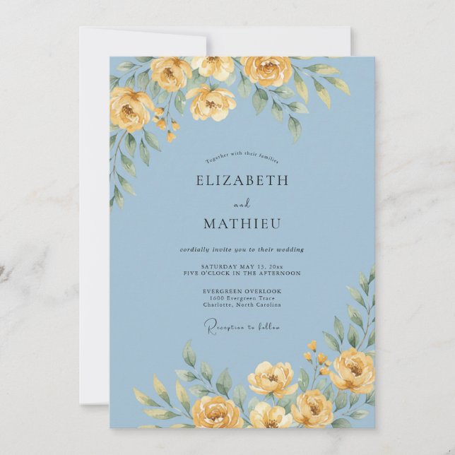 Convite Casamento Floral em Azul Pó (Frente)