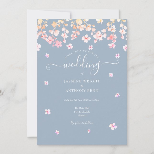 Convite Casamento Floral em Azul Poeirento (Frente)