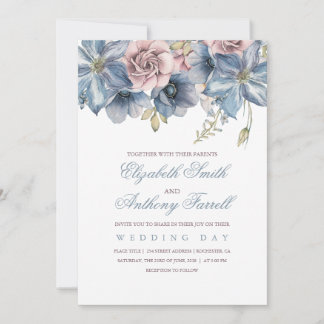Convite Casamento Floral em Azul Poeirento e Mauve em Aqua