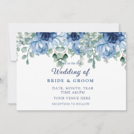 Convite Casamento Floral em Azul Poeirento Elegante com Eu