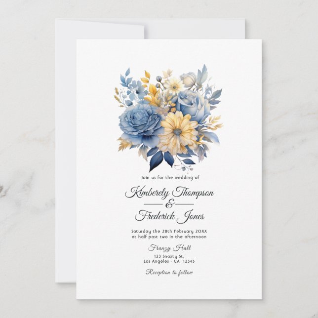 Convite Casamento Floral em Azul Poento e Dourado (Frente)