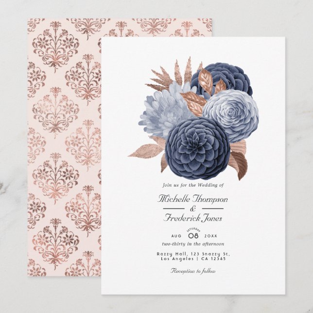 Convite Casamento Floral em Azul Poento e Dourado Rosa (Frente/Verso)
