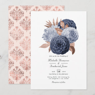 Convite Casamento Floral em Azul Poento e Dourado Rosa