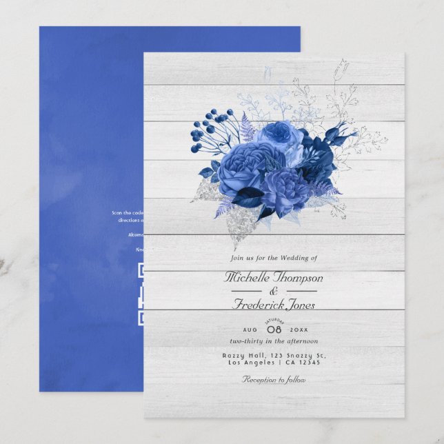 Convite Casamento Floral em Azul Real e Prata com Código Q (Frente/Verso)