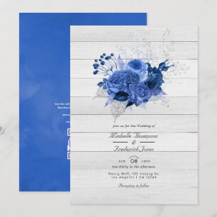 Convite Casamento Floral em Azul Real e Prata com Código Q