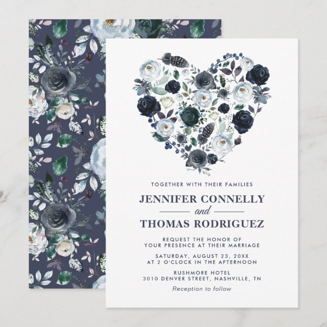 Convite Casamento Floral em Azul Rústico Aquarela Coração (Frente/Verso)