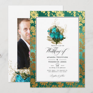 Convite Casamento Floral em Azul Turquesa Vintage - Turque