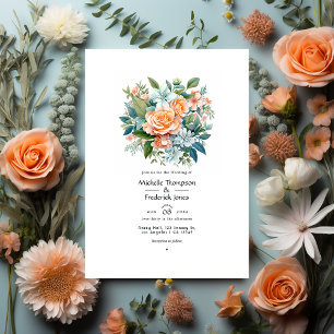 Convite Casamento Floral em Bege, Salvia e Azul Claro