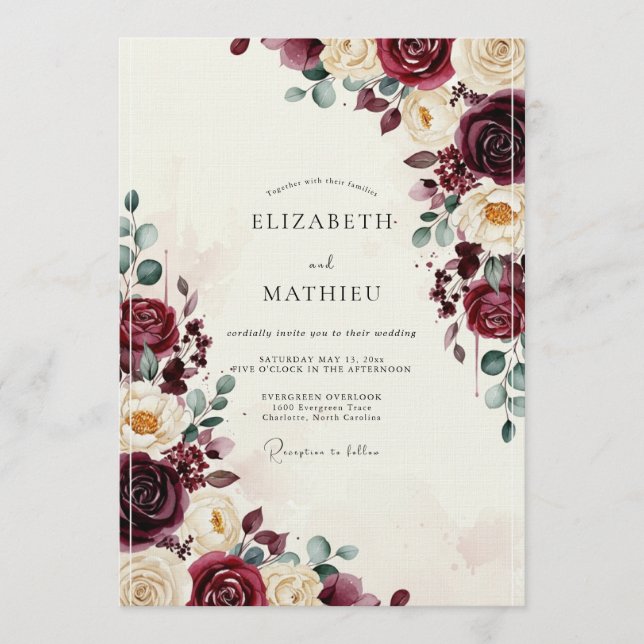 Convite Casamento Floral em Borgonha (Frente)