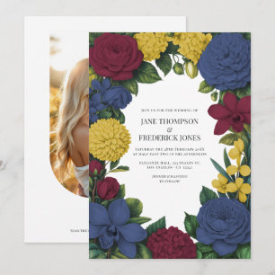 Convite Casamento Floral em Borgonha, Azul Marinho e Doura