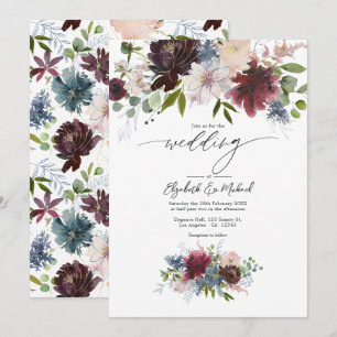 Convite Casamento Floral em Borgonha, Bege e Azul Desbotad