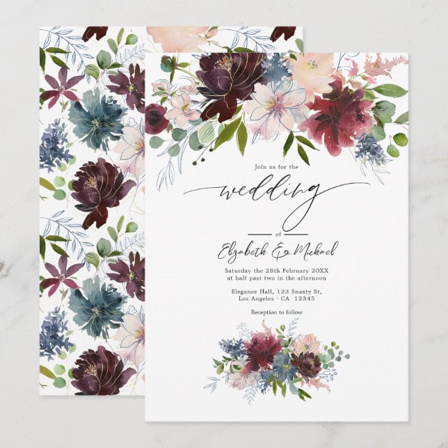 Convite Casamento Floral em Borgonha, Bege e Azul Desbotad (Frente/Verso)