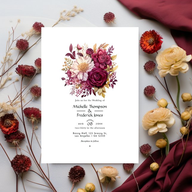 Convite Casamento Floral em Borgonha e Dourado (Criador carregado)