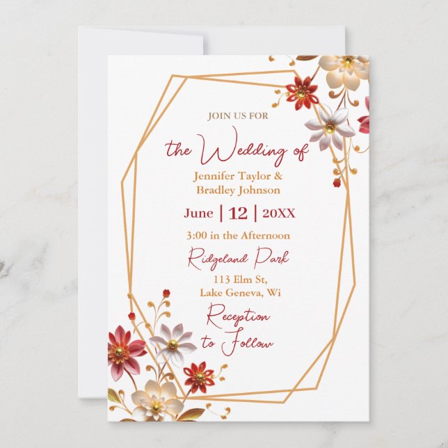 Convite Casamento Floral em Borgonha e Dourado (Frente)