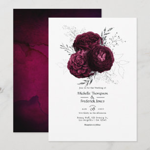 Convite Casamento Floral em Borgonha e Prata