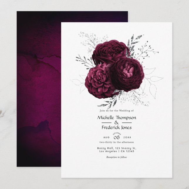 Convite Casamento Floral em Borgonha e Prata (Frente/Verso)