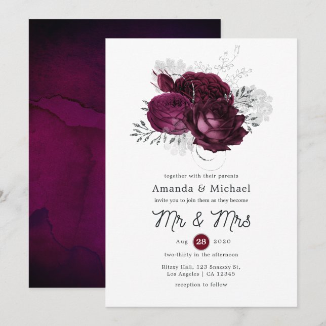 Convite Casamento Floral em Borgonha e Prata (Frente/Verso)