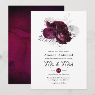 Convite Casamento Floral em Borgonha e Prata