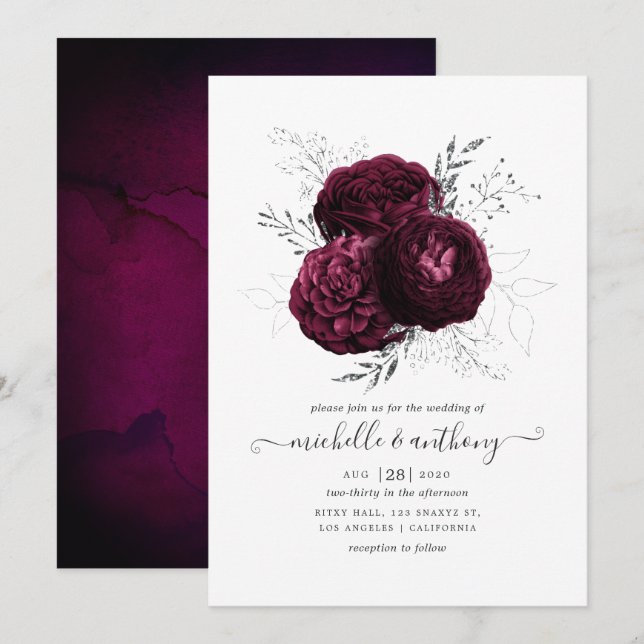 Convite Casamento Floral em Borgonha e Prata (Frente/Verso)