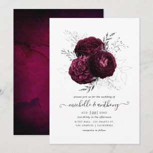 Convite Casamento Floral em Borgonha e Prata