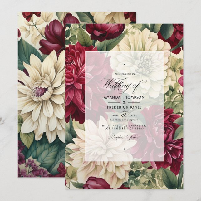 Convite Casamento Floral em Borgonha, Marfim e Verde Flore (Frente/Verso)
