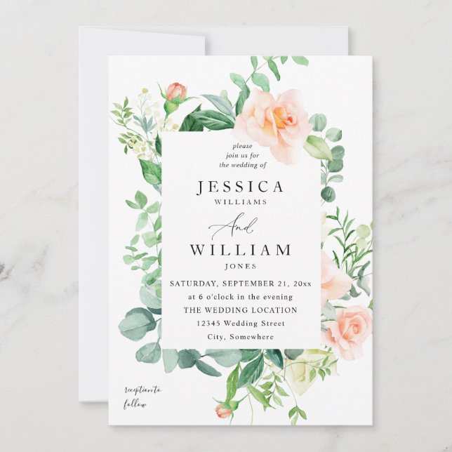 Convite Casamento Floral em Branco e Pêssego 2b (Frente)