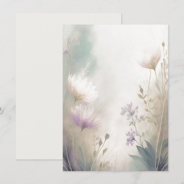Convite Casamento floral em branco rosa claro e roxo (Frente/Verso)