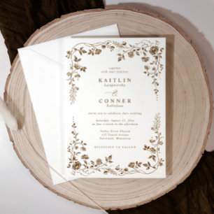 Convite Casamento Floral em Bronze Marrom Vintage Francês