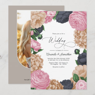 Convite Casamento Floral em Carvão, Taupe Claro e Rosa Peô