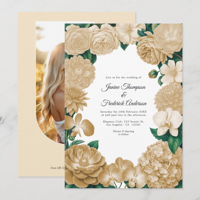 Convite Casamento Floral em Champanhe com Foto e Código QR (Frente/Verso)