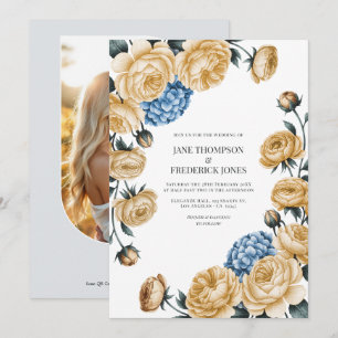 Convite Casamento Floral em Champanhe Elegante e Azul Desb