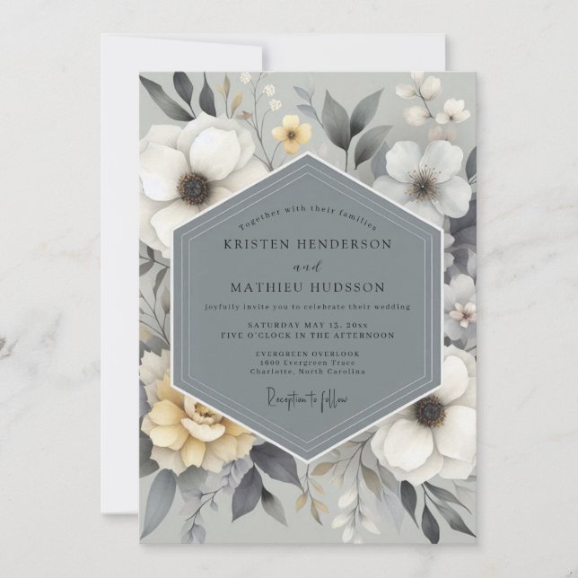 Convite Casamento Floral em Cinza Ardósia (Frente)