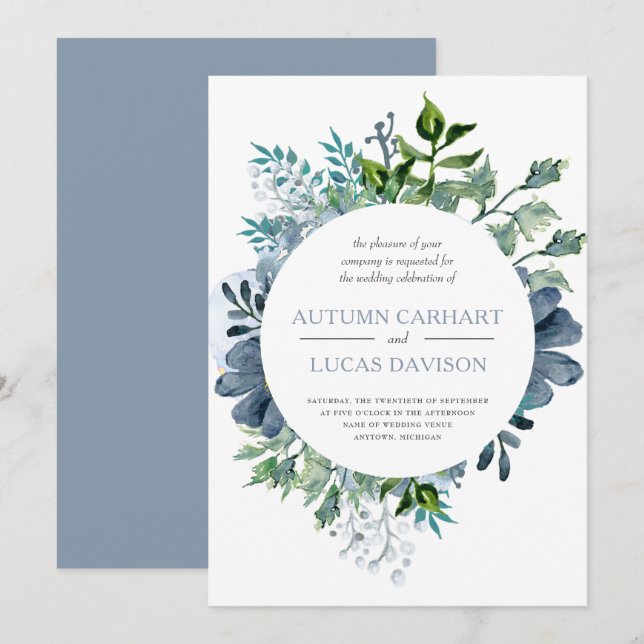 Convite Casamento Floral em Círculo com Aquarela Azul Desb (Frente/Verso)