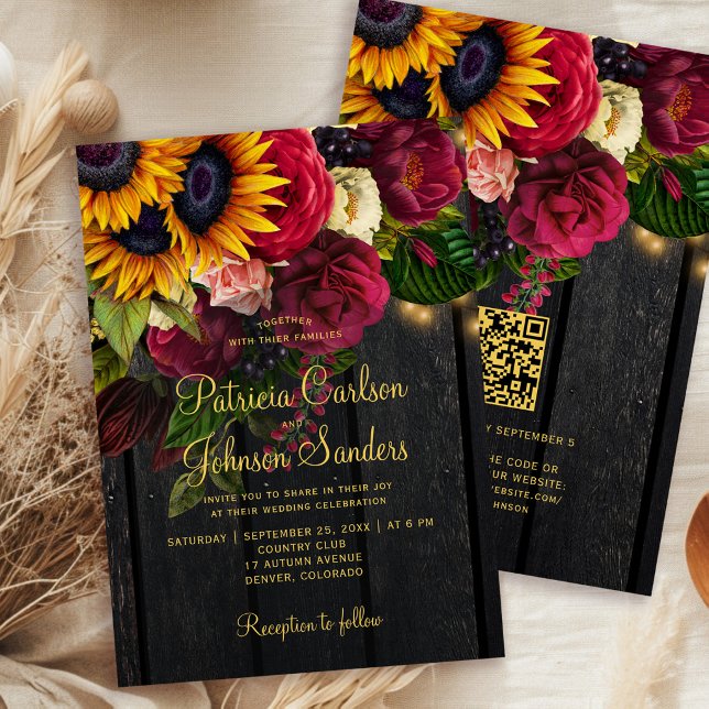 Convite Casamento floral em código QR de madeira de celeir (Criador carregado)