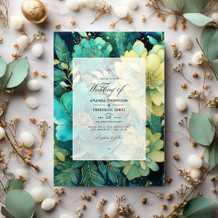 Convite Casamento Floral em Dourado e Verde Esmeralda