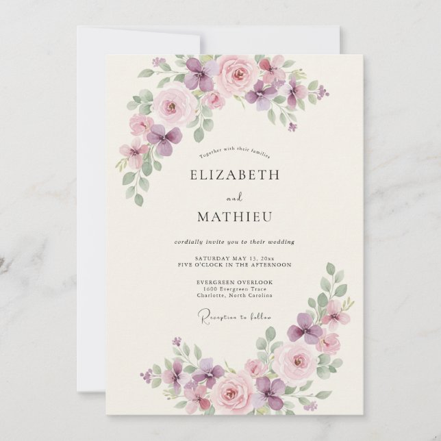 Convite Casamento Floral em Flor com Roxo Pálido (Frente)